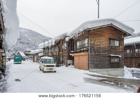 Shirakawa, Japan - 14 FEB 2017: Traditional Gusso farmhouse at Shirakawa go village, Japan.Winter in Shirakawa-go Japan