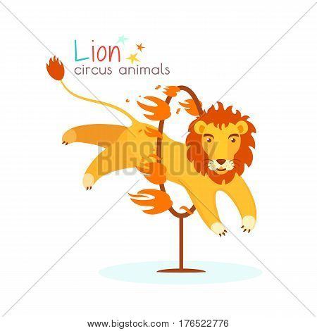 Circus lion jumps through the hoop and the fire. Trained predatory animal performs dangerous trick at circus arena. Vector illustration in cartoon style for ticket invitation card flyer