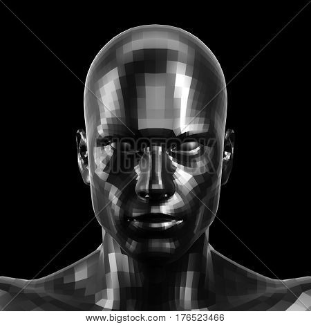 3D rendering. Faceted black robot face with black eyes looking front on camera. Isolated on black background