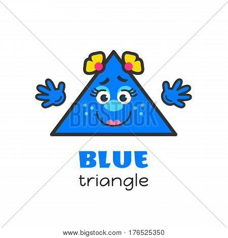 Triangle geometric shape vector illustration for kids. Cartoon blue triangle character with face and hands for preschool or primary school children. Set of funny geometric shapes