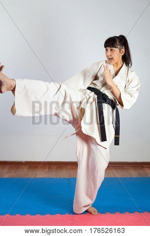 Woman demonstrate martial arts working together. Fighting position active lifestyle expressing emotions