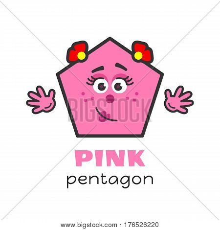 Pentagon geometric shape vector illustration for kids. Cartoon pink pentagon character with face and hands for preschool or primary school children. Card with funny geometric shape for activities with kids