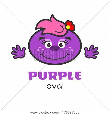 Oval geometric shape vector illustration for kids. Cartoon purple oval character with face and hands for preschool or primary school children. Cards with funny geometric shapes for activities with kids