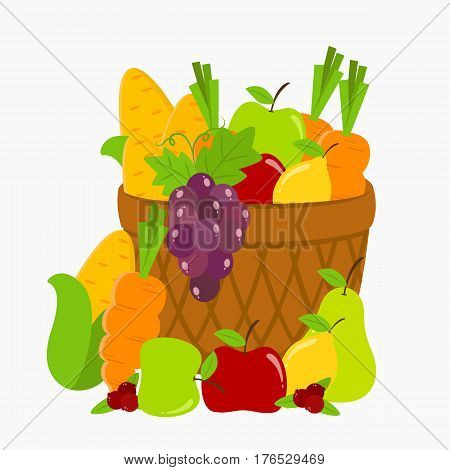 a basket full of fruits and vegetables illustration on white background