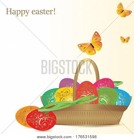 Vector illustration. Colorful eggs in a wicker basket and flying yellow butterflies. Congratulatory text