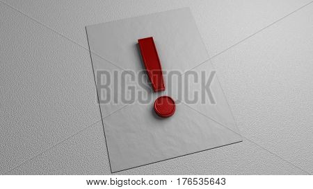 Red exclamation sign on white paper. Graphic illustration. 3d rendering