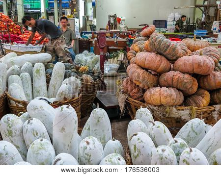 BANGKOK THAILAND - JANUARY 18 2014: Vegetables market or Pak Khlong Talat market. Bangkok, Thailand
