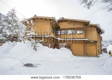 Shirakawa, Japan - 14 FEB 2017: Traditional Gusso farmhouse at Shirakawa go village, Japan.Winter in Shirakawa-go Japan