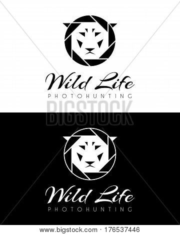 Logo with the diaphragm of the camera and the muzzle of a lion. Vector illustration.