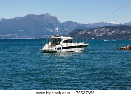 LAZISE ITALY - MAY 4 2016: Luxury speed boat on Garda Lake. Italy