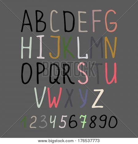 Vector handwright calligraphy alphabet and numbers on grey background