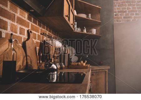 Modern kitchen interior with utensils and kitchen appliances