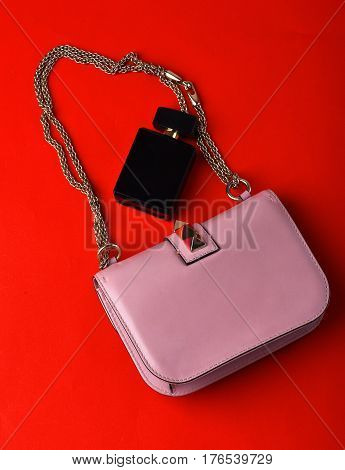 Small Womans Leather Pink Bag With Metallic Spikes, Chain, Perfume