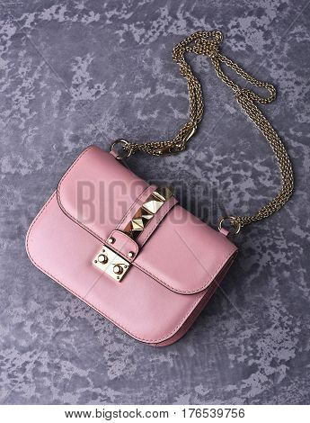 Small Womans Leather Pink Bag With Metallic Spikes And Chain