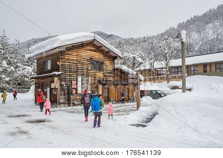 Shirakawa, Japan - 14 FEB 2017: Traditional Gusso farmhouse at Shirakawa go village, Japan.Winter in Shirakawa-go Japan