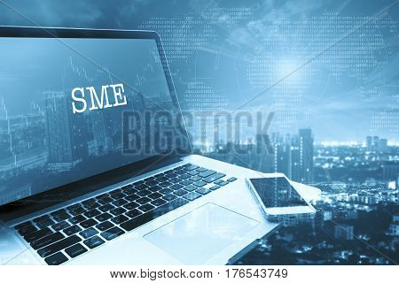 SMEs (SMALL AND MEDIUM-SIZED ENTERPRISES): Grey computer monitor screen. Digital Business and Technology Concept.