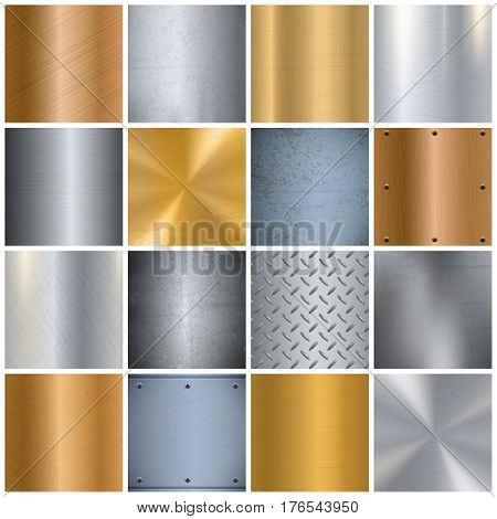 Metal sheets texture realistic big icons set with various surface finish in gold and silver isolated vector illustration