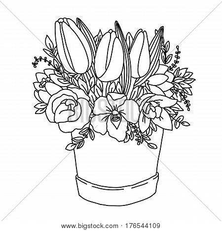 vector monochrome sketch festive holiday flower bouquet with roses peonies carnation twigs and leaves in the box on chalkboard. Hand-drawn vintage style. Design greeting card and invitation.