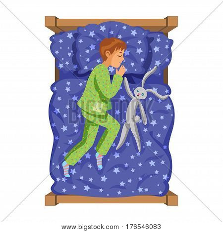Boy sleep bedtime in his bedroom bed with toy bunny. Cartoon sleeping baby. Good night time. Bedtime. Vector Illustration