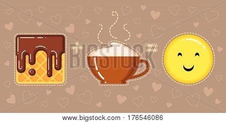 vector illustration of waffle with chocolate glaze cappuccino cup and smiling yellow face on brown background with hearts