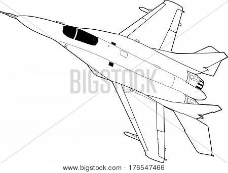 Landing of russian jet fighter aircraft. Technichal draw. Isolated on white background.