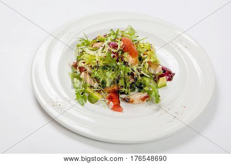 Healthy Chicken Salad With Fresh Lettuce And Arugula And Slices Of Fruit