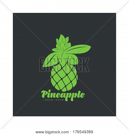Two tone assymmetric graphic silhouette pineapple logo template, vector illustration isolated on black background. Stylized, simplified graphic pineapple logotype, logo design