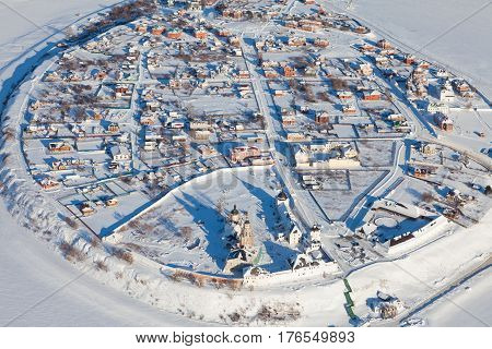 Sviyazhsk. Tatarstan. Russia - February 08, 2017: the  island-town of Sviyazhsk from above during flight in cold winter day
