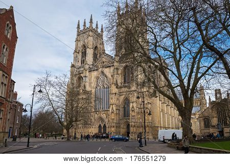 YORK/ UNITED KINGDOM - MARCH 6, 2017: View of the west facade of the York Minster in the spring