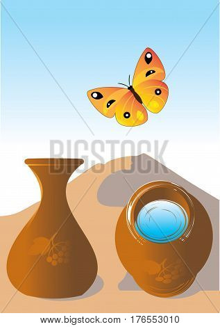 Vector illustration. Jug with water and butterfly in summer on a background sand dunes. Two foreshortening of jug.