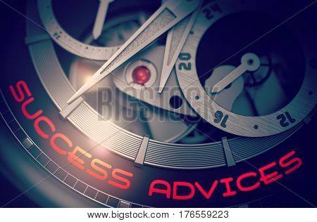 Automatic Pocket Watch with Success Advices on Face, Symbol of Time. Success Advices on Old Wrist Watch Detail, Chronograph Close Up. Business Concept with Glow Effect and Lens Flare. 3D Rendering.