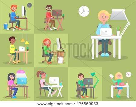 Set of people at computer in office cartoon style on green background. Vector illustration of girls or boys sitting and working at notebook, writing on desk, with cup of drink and headphones.
