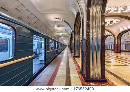 MOSCOW/ RUSSIA - MARCH 11, 2017. Metro station Mayakovskaya. Moscow, Russia