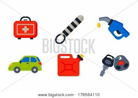 Auto transport motorist icons symbols and equipment symbols service car driver tools high detailed vector illustration set. Prohibitive signs transmission garage change vehicle automobile mechanic.