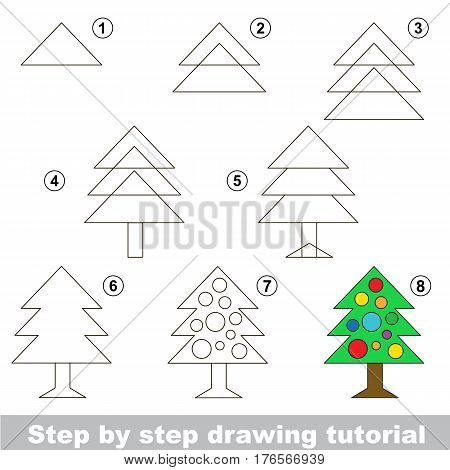 Vector kid educational game to develop drawing skill with easy game level preschool kids education. Funny drawing school. Drawing tutorial for New Year Tree.