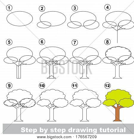 Vector kid educational game to develop drawing skill with easy game level preschool kids education. Funny drawing school. Drawing tutorial for Tree.