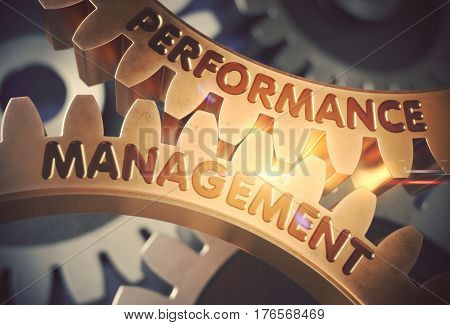 Performance Management on Golden Metallic Cogwheels. Golden Metallic Gears with Performance Management Concept. 3D Rendering.