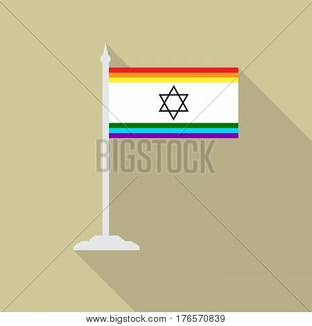 Israeli gay pride flag star of David with flagpole flat icon with long shadowt. LGBT community flag.