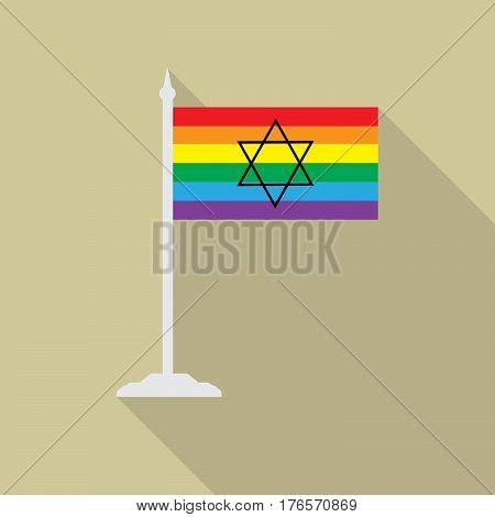 Israeli gay pride flag black star of David with flagpole flat icon with long shadowt. LGBT community flag.