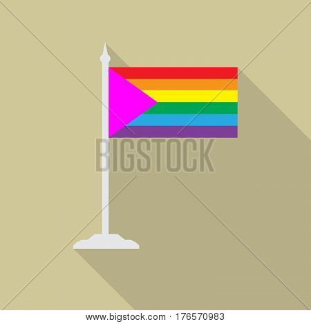 LGBT flag with pink triangle with flagpole flat icon with long shadow. Vector illustration EPS10 of a rainbow pride flag.