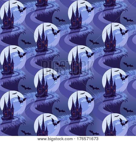 Seamless Halloween Pattern with Moon and Castle