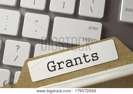 Grants. Card Index on Background of White Modern Computer Keyboard. Archive Concept. Closeup View. Selective Focus. Toned Image. 3D Rendering.