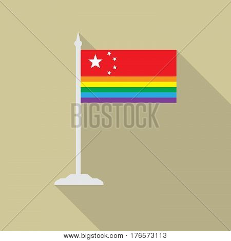 China gay pride flag with flagpole flat icon with long shadowt. LGBT community flag.