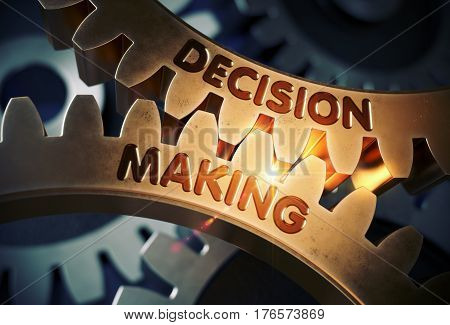 Decision Making - Concept. Decision Making on Mechanism of Golden Metallic Gears with Lens Flare. 3D Rendering.