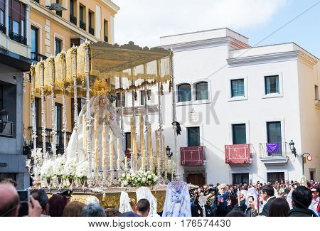 Badajoz Spain - March 27 2016: Statue of the Virgin Mary leaving in procession in holly week in the city of Badajoz Spain