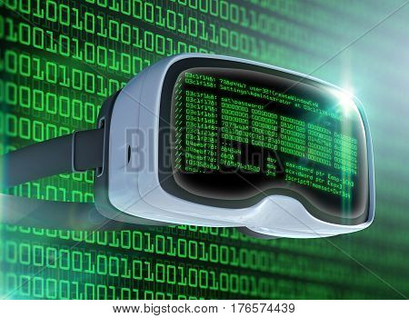 Virtual reality glasses futuristic hacker internet technology and network concept. Network security. Abstract modern virtual computer script. Software developer programming code.