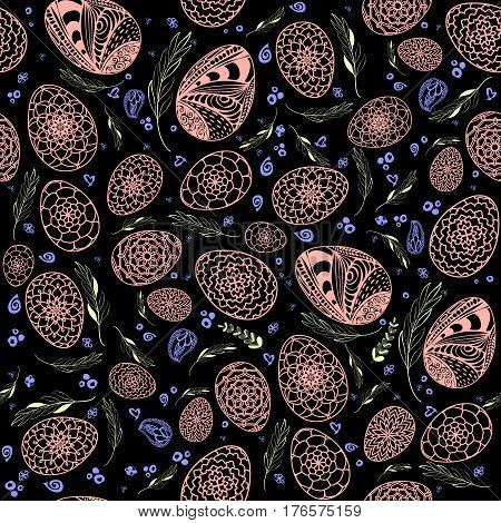 Decorative Easter Seamless Pattern with hand drawn ornamental eggs and floral elements in bright colors on dark background. Doodle style eggs. Stock vector