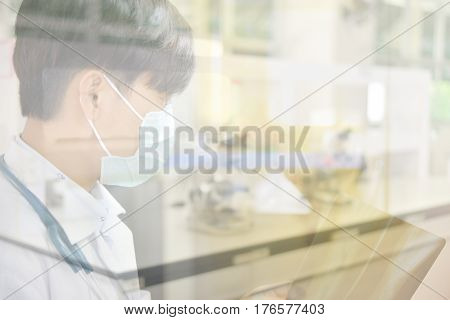 blurred sterio microscope in biology laboratory in white