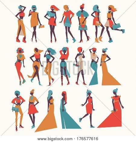 Vector fashion girls in different apparel - evening dresses casual look various poses and accesories. Bright illustration for vogue and fashion purposes in vivid colors isolated on background