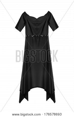 Black satin knee length formal dress isolated over white